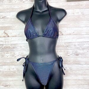 SHEIN Iridescent Mermaid Blue Striped Adjustable String Bikini Set